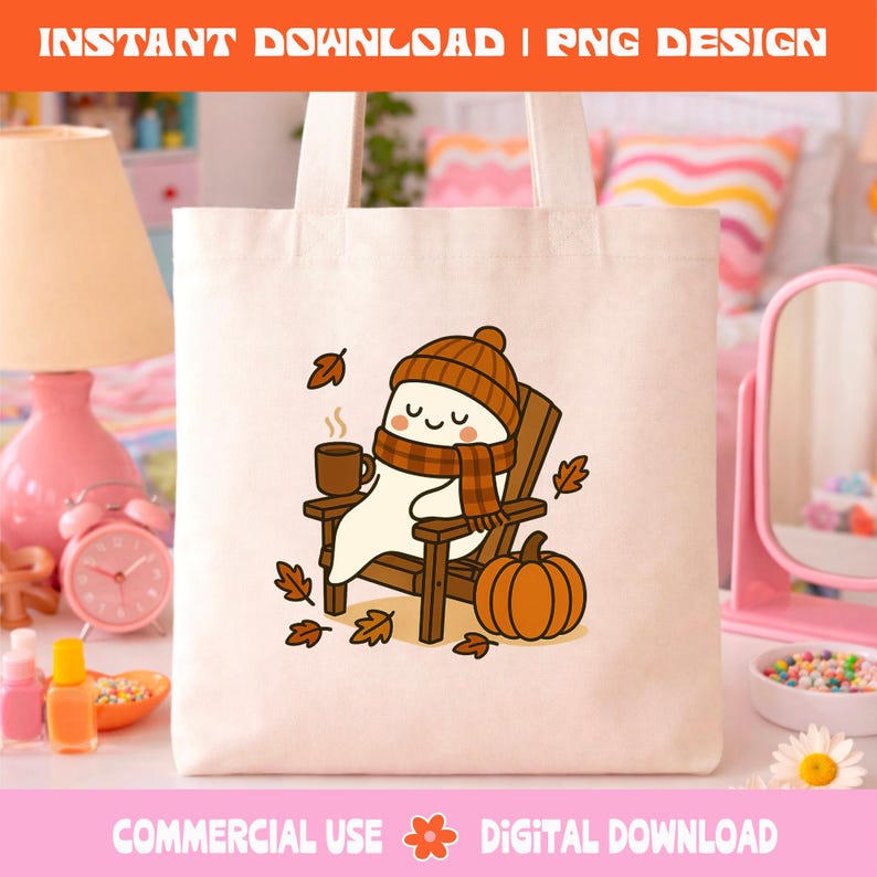 Pode incluir: Saco tote creme com um fantasma de desenho animado usando um chap&eacute;u e cachecol marrons, relaxando em uma cadeira de madeira com uma x&iacute;cara de caf&eacute; e uma ab&oacute;bora. O saco tem o texto "INSTANT DOWNLOAD | PNG DESIGN" e "COMMERCIAL USE DIGITAL DOWNLOAD".
