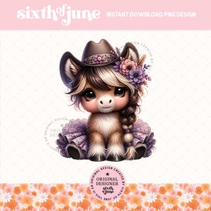 Diseño de sublimación de pony adorable de vaquera occidental, imágenes prediseñadas de gráficos de linda chica de granja de campo, animales de granja bebés PNG, regalo para amantes de los caballos, DTF