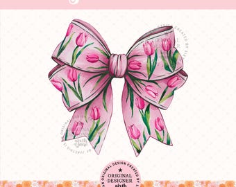 Tulip Coquette Bow PNG, Floral Bow Sublimation Design, Cute Spring Bow PNG, Girly Shirt Design, Digital Download