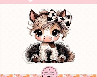 Cute Highland Cow Coquette PNG, Cow Print Bow Design, Girly Aesthetic Cow PNG, Cute Farm Animal Clipart, Trendy Cow PNG