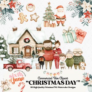 Clipart di acquerello di Natale, Clipart di famiglia natalizia, Clipart di Babbo Natale, Clipart di renne, USO COMMERCIALE COMPLETO