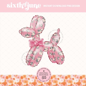 Cute Retro Floral Print Coquette Balloon Dog Png Sublimation Design, Kids Invitation Party Balloon Animal, Preppy Girly Graphics Dog Lover