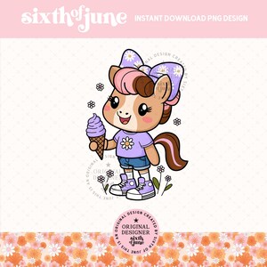 Poney kawaii PNG, Clipart cheval jolie fille, illustration de shower de bébé noeud violet, pépinière d'art animalier de la ferme pour invitation, T-shirt, art mural