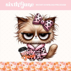 Joli chat endormi avec du café PNG, Design en sublimation noeud papillon imprimé léopard, Clipart drôle de chat pour mugs, téléchargement numérique art, Png antisocial