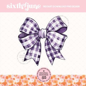 Preppy Purple Gingham Coquette Bow PNG Sublimation, Grandmillennial Pretty Bow Clipart, Trendy Girly Png, Whimsical Girls T-Shirt Design