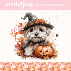 Leuke Halloween-puppyheks met pompoensublimatie, herfsthond Art Print, schattige herfst hondenillustratie, decor spookachtig seizoen, trending