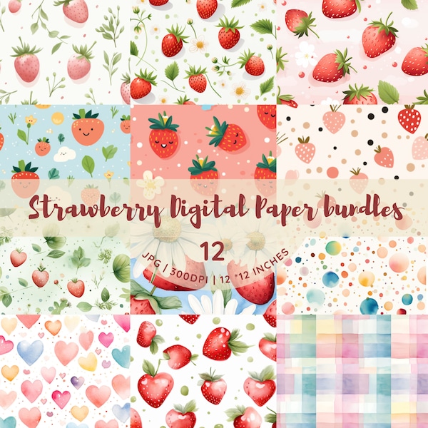 12 Strawberry Seamless Pattern Digital Paper Bundle-Berry Seamless pattern-