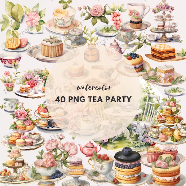 Tea party clipart bundle- Watercolor English vintage tea cup clipart PNG set-  afternoon tea including teacups, teapots, cakes, flowers
