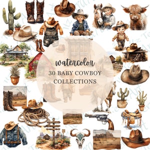 30 Cowboy Aquarell Clipart Bündel PNG-Süße Cowboy-Wildwest PNG -Aquarell Cowboy Baby Clipart-Erste Rodeo Geburtstag Clipart