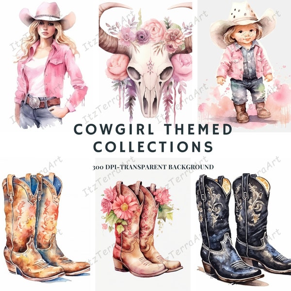 22 Cowgirl Watercolor Clipart bundle PNG | Cute Cowgirl Wild West PNG Boho Pink Western Cowgirl First Rodeo Birthday Clipart