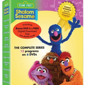 May include: A DVD box set featuring Sesame Street characters Elmo, Big Bird, and Abby Cadabby. The box set is yellow with a red and white title "Shalom Sesame" and includes 12 programs on 6 DVDs. The box also includes a bonus DVD and a free digital download trial. The text "The Complete Series" is also featured on the box.