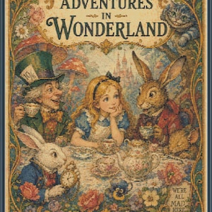 May include: A woven tapestry depicting the cover of Alice's Adventures in Wonderland by Lewis Carroll. The scene features Alice, the Mad Hatter, the White Rabbit, and the Cheshire Cat at a tea party, surrounded by floral borders and text.
