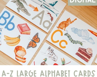 Large Alphabet Cards with Pictures, Montessori flashcards, Pre-School Letter Recognition, Educational Printable, Instant Download