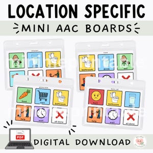 Op de afbeelding: Vier rechthoekige AAC-communicatieborden in doorzichtige plastic houders, elk met kleurrijke rasterpictogrammen en tekstlabels voor locaties zoals restaurant, reizen, supermarkt en doktersbezoek, plus een laptopicoon voor download.