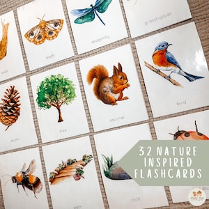 32 op de natuur geïnspireerde flashcards, montessori afdrukbaar, kleuter- en kleuterschool, direct downloaden