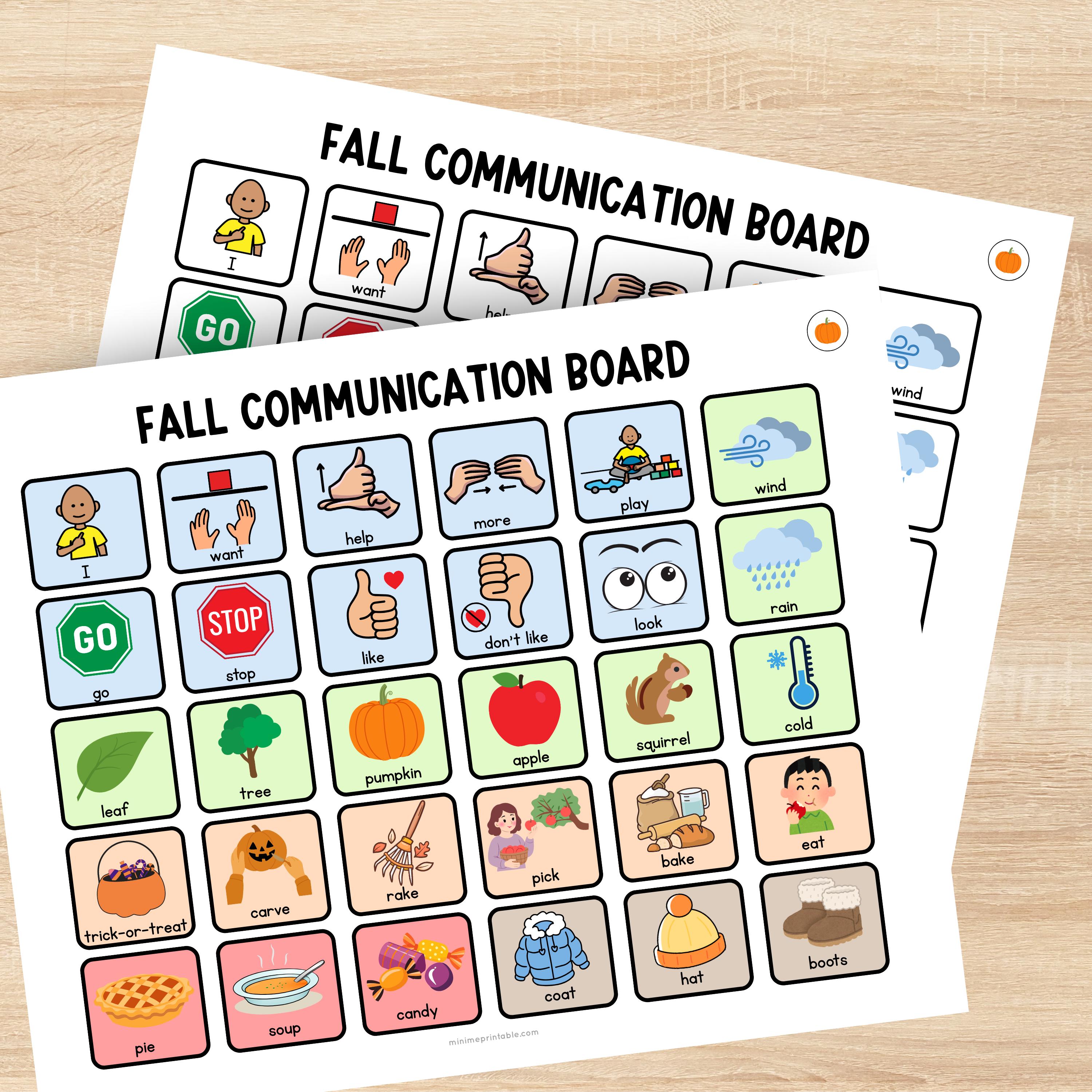 Fall Communication Board Printable – 10 Boards & 40+ Icons- Color-coded ...