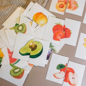 Tarjetas de frutas a juego, material Montessori de acuarela, materiales educativos imprimibles para educación en el hogar y preescolar, descarga instantánea