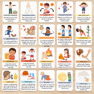 May include: A collection of illustrated cards featuring children demonstrating yoga poses with an autumn theme. Each card shows a child performing a pose, like "pumpkin roll" or "turkey strut", with accompanying text. The cards are designed for educational and mindfulness activities.