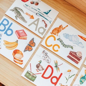 Tarjetas grandes del alfabeto con imágenes, tarjetas didácticas Montessori, reconocimiento de letras para preescolar, imprimible educativo, producto físico laminado
