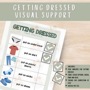 May include: A printable visual aid for getting dressed, with illustrations of underwear, shirt, pants, socks, and shoes. The chart includes checkboxes for each step and the text "Getting Dressed Task Analysis".