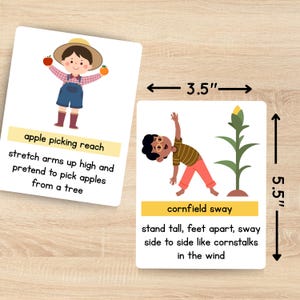 May include: Two illustrated cards, each 8.9 cm wide and 14 cm tall, with children demonstrating yoga poses. One card shows a child picking apples, the other shows a child swaying like cornstalks. Text on the cards describes the poses.
