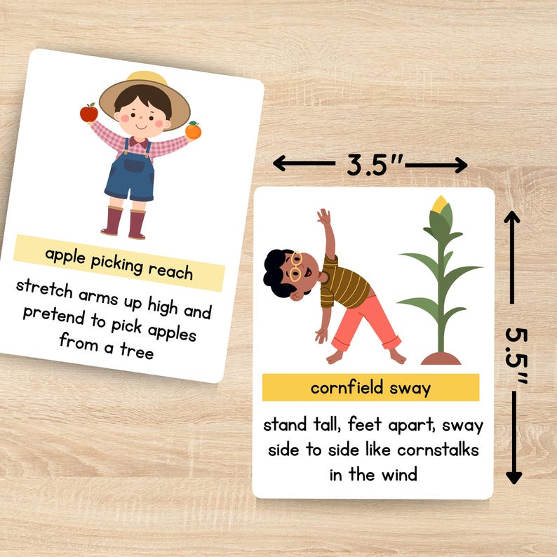 May include: Two illustrated cards, each 8.9 cm wide and 14 cm tall, with children demonstrating yoga poses. One card shows a child picking apples, the other shows a child swaying like cornstalks. Text on the cards describes the poses.