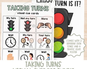Visual Behavior Cue Cards & Traffic Light Poster | Turn-Taking, Sharing, Transitions, Communication Support for Kids