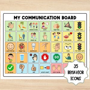 May include: A communication board with 35 behavior icons, including actions like "wave," "walk," and "go." Each icon is accompanied by a word. The board features a white background with a black border and the text "MY COMMUNICATION BOARD."