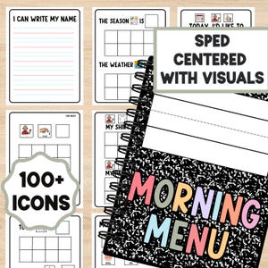 May include: A spiral-bound notebook with a black and white speckled cover, titled "MORNING MENU" in colorful letters. The notebook is surrounded by several white cards with text and visual aids, including "I CAN WRITE MY NAME" and "100+ ICONS".