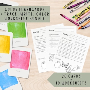 Ensemble de fiches d'apprentissage des couleurs et feuilles de calcul, fiches Montessori, cartes préscolaires, cartes éducatives imprimables, téléchargement immédiat