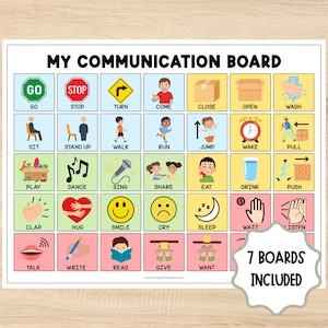 May include: A white communication board with colorful illustrations and text, including "GO," "STOP," and "WAKE." The board features various actions and emotions, with the text "MY COMMUNICATION BOARD" at the top and "7 BOARDS INCLUDED" at the bottom.