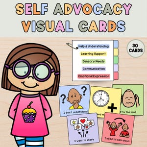 Pode incluir: Um conjunto de "Cartões Visuais de Autodefesa" com uma menina de desenho animado usando óculos. Os cartões incluem tópicos como "Ajuda e Compreensão" e "Expressão Emocional". A imagem também mostra cartões com ilustrações e frases como "Eu não entendo" e "Preciso me acalmar."