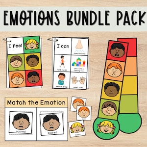 May include: An educational bundle pack with the text "EMOTIONS BUNDLE PACK". The pack includes cards labeled "I feel" and "I can", along with matching emotion cards and a colour-coded emotion chart. The illustrations depict various emotions.
