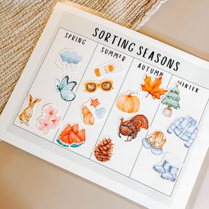 Combine a estação, imprimível das estações, hora do círculo, classificação das estações, hora da manhã, imprimível Montessori, livro de atividades para jardim de infância e crianças pequenas
