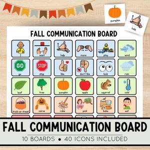 Puede incluir: Un tablero de comunicación con temática otoñal con 40 iconos, incluyendo imágenes de calabaza, manzana y ardilla. El tablero incluye el texto "FALL COMMUNICATION BOARD" y "10 BOARDS • 40 ICONS INCLUDED".
