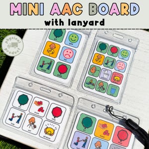 May include: Four clear plastic mini AAC boards with lanyards. Each board features colorful square icons with words and illustrations. The top of the image reads "MINI AAC BOARD with lanyard."