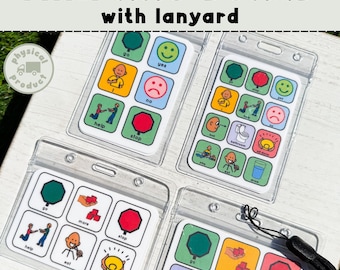 Mini AAC Communication Board: Double-Sided, Laminated with ID Badge Holder + Neck or Wrist Lanyard