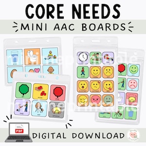 Peut inclure: Téléchargement numérique Core Needs Mini AAC Boards comprenant plusieurs porte-badges en plastique transparent contenant des cartes de communication colorées avec des icônes et du texte pour les activités quotidiennes, les émotions et les besoins.