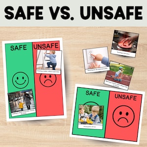 Peut inclure: Affiche éducative "SAFE VS. UNSAFE" illustrant des comportements sûrs et dangereux. Elle présente des images de situations sécurisées, comme tenir la main d'un adulte, et d'autres non, comme grimper à une échelle sans surveillance.