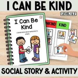 Może przedstawiać: Spiralnie oprawiony notatnik z tytułem "I Can Be Kind" i ilustracjami dzieci. Widoczny jest również tekst "a social story about being kind to others". Dodatkowe strony pokazują ćwiczenia z uprzejmości. Słowa "SOCIAL STORY & ACTIVITY" znajdują się na dole.
