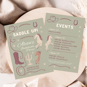 May include: Two sage green invitations with a western theme. One reads "Saddle Up!" with a cowboy hat, boot, and horse illustrations. The other lists event details. Both have a rustic, country aesthetic.