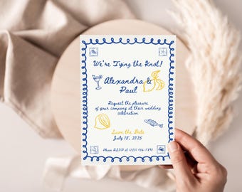 May include: A wedding invitation with a blue and yellow design. The text "We're Tying the Knot!" is at the top, with the names "Alexandra & Paul" below. The date "July 18, 2025" is also included, along with a phone number.