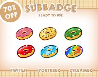 6x Donut SUB BADGES pack for Twitch | Streaming badges | Colorful Donut Sub Badges for Twitch, YouTube, Streamers Instant Download - 70% Off