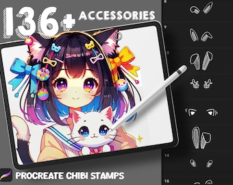 136+ Procreate Chibi Stamp Brushes, Color Palette, Anime Brushes, Head Accessories, Comic Manga