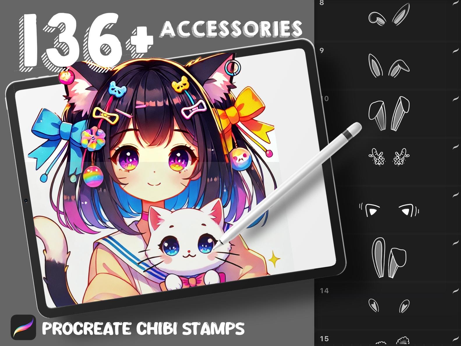 136+ Pinceaux Tampons Chibi pour Procreate avec Palette — Accessoires Cheveux & Tête Anime Manga