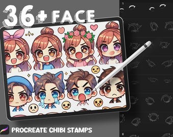 Procreate Kawaii Chibi Faces Stamp Brushes - Anime Emotions, Manga Eyes | Stamp Brush Chibi - Emote Cute Character Maker Eye Guides Cartoon