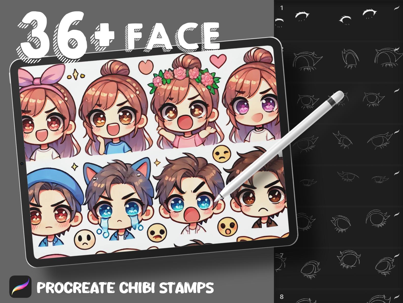 Procreate Kawaii Caras Chibi Pinceles Sello – 36 Emociones de anime y guías de ojos manga para diseño de personajes tiernos