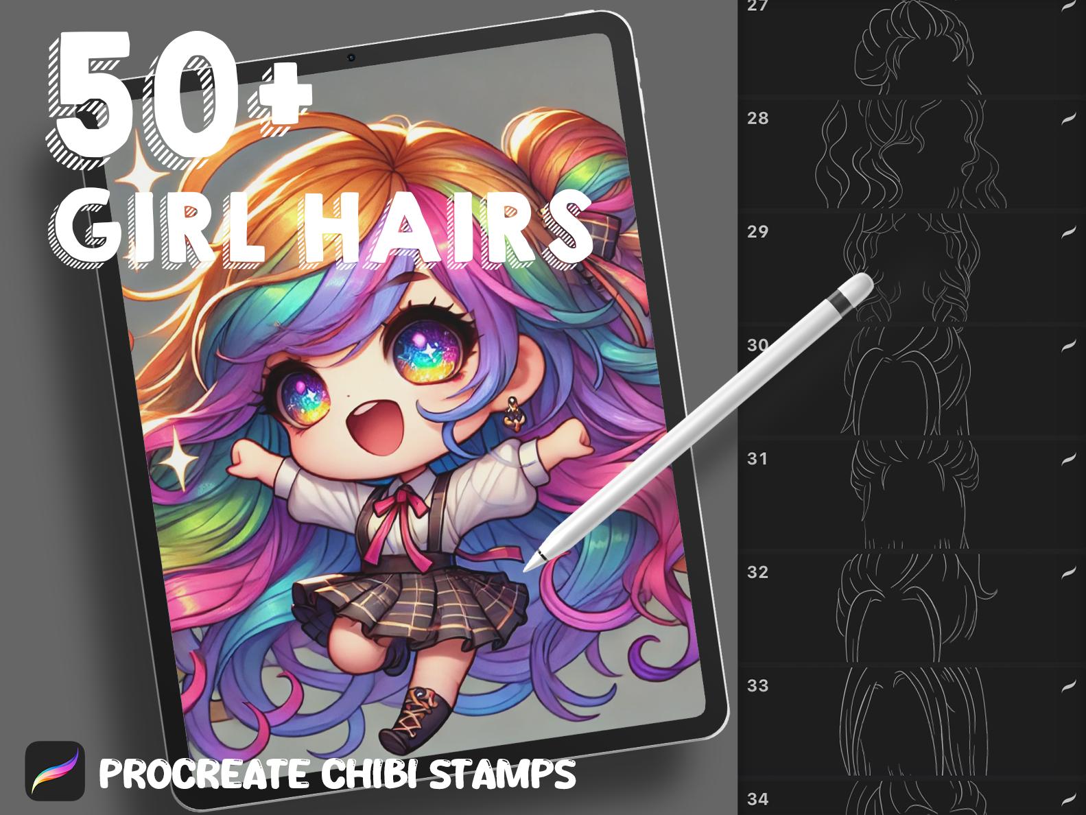 50 Chibi Hair Stamps for Procreate – Anime & Manga Girl Brush Set, Kawaii Hairstyles