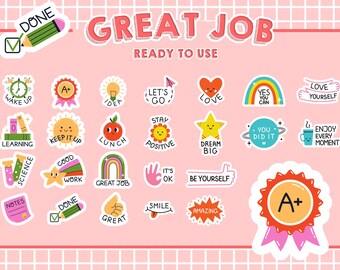 Great job motivational Digital Stickers, reward sticker clipart, good job reward stickers | Back to school stickers, inspirational, PNG, SVG