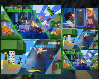 Minecraft Twitch Kick Stream Overlays | vtuber background assets twitch banner overlay Start, Pause, End Scenes for Twitch & YouTube Overlay